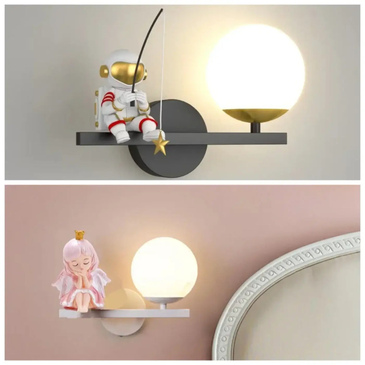Applique murale enfant, figurine et globe lumineux, dix modèles