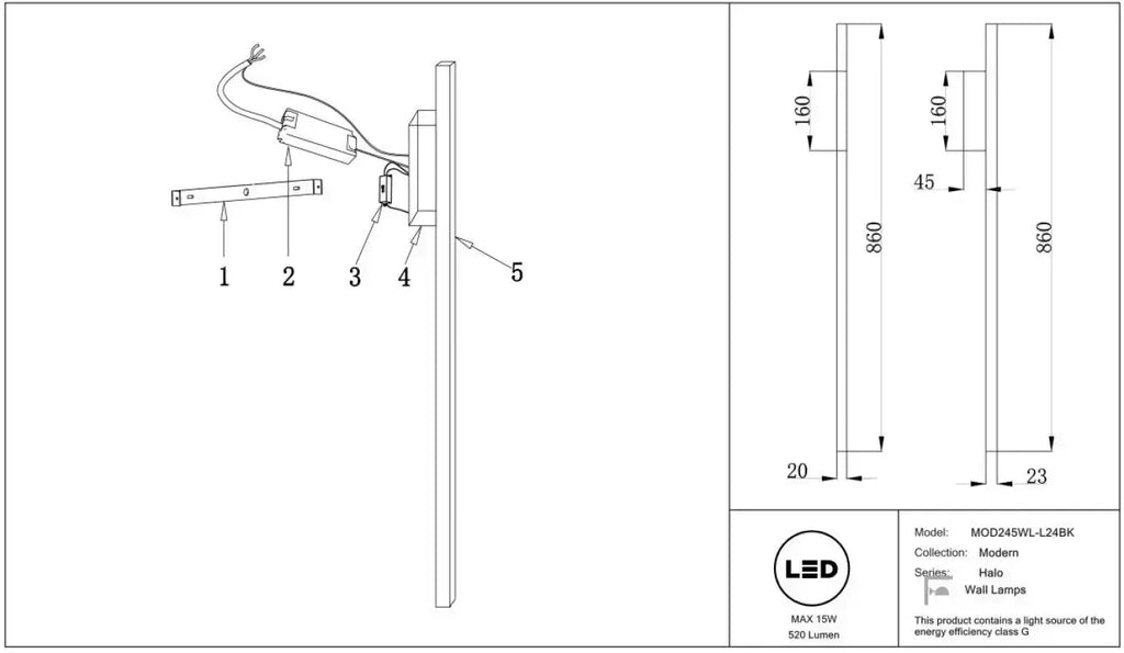 Applique murale LED barre verticale asymétrique, 86 cm