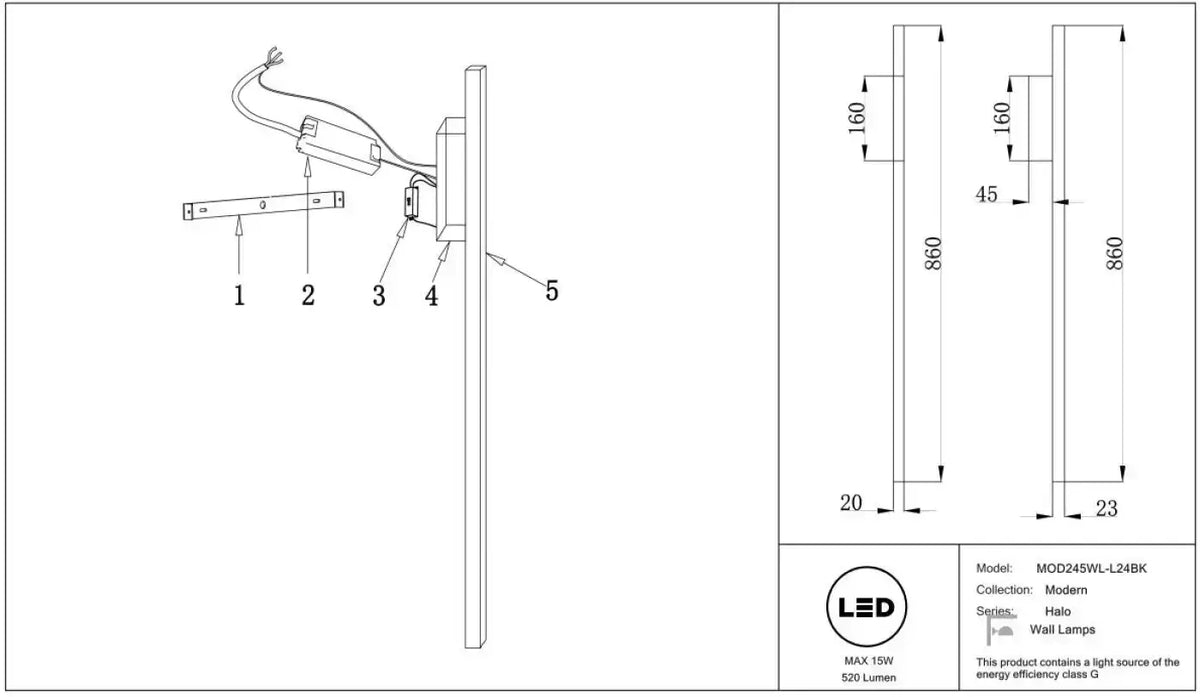 Applique murale LED barre verticale asymétrique, 86 cm
