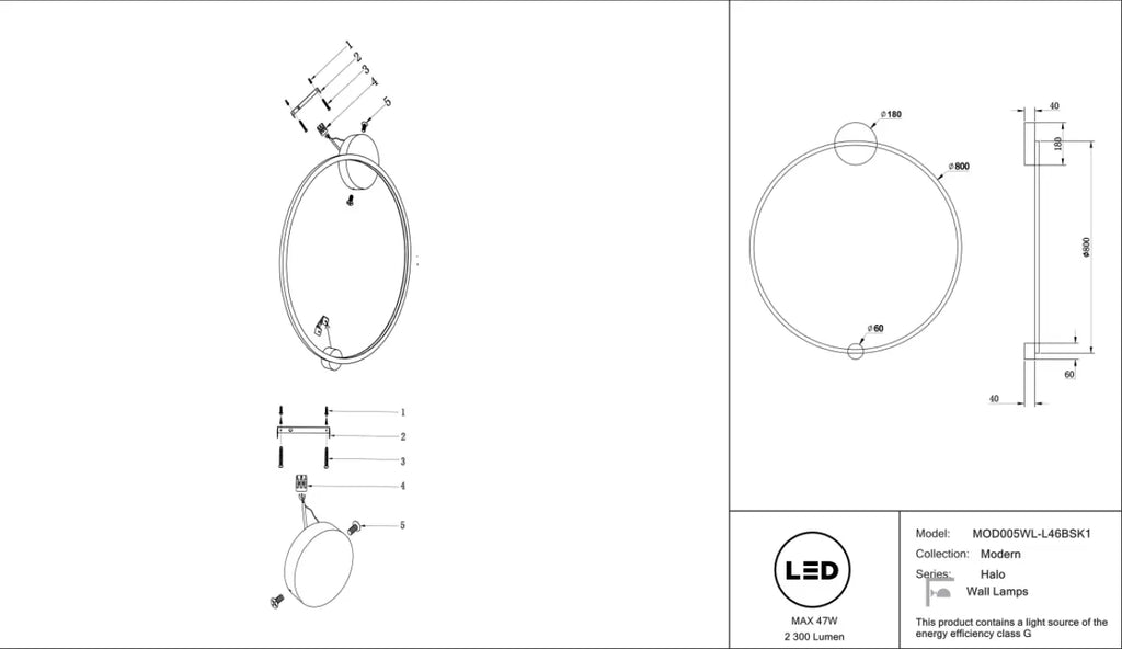 Applique murale LED grand anneau doré, 60 ou 80 cm