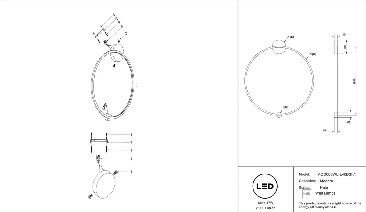 Applique murale LED grand anneau doré, 60 ou 80 cm