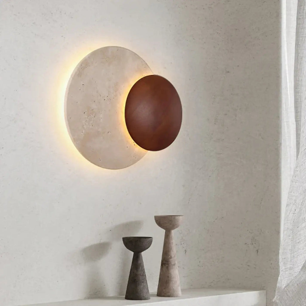 Applique murale LED pierre blanche et bois, lumière réglable