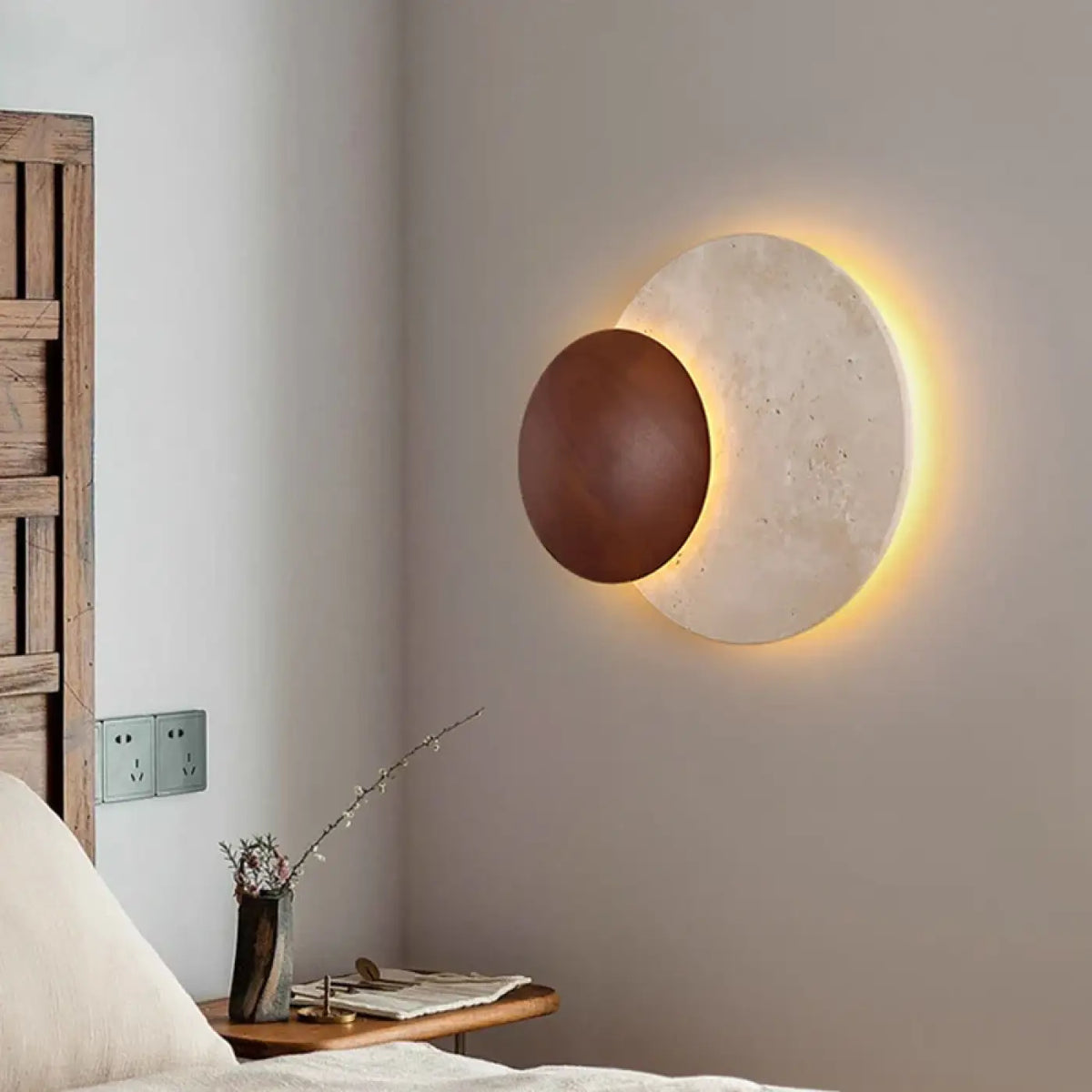 Applique murale LED pierre blanche et bois, lumière réglable