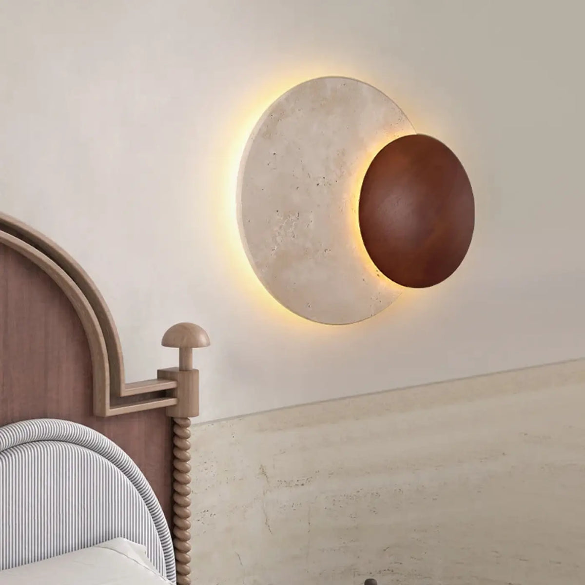 Applique murale LED pierre blanche et bois, lumière réglable