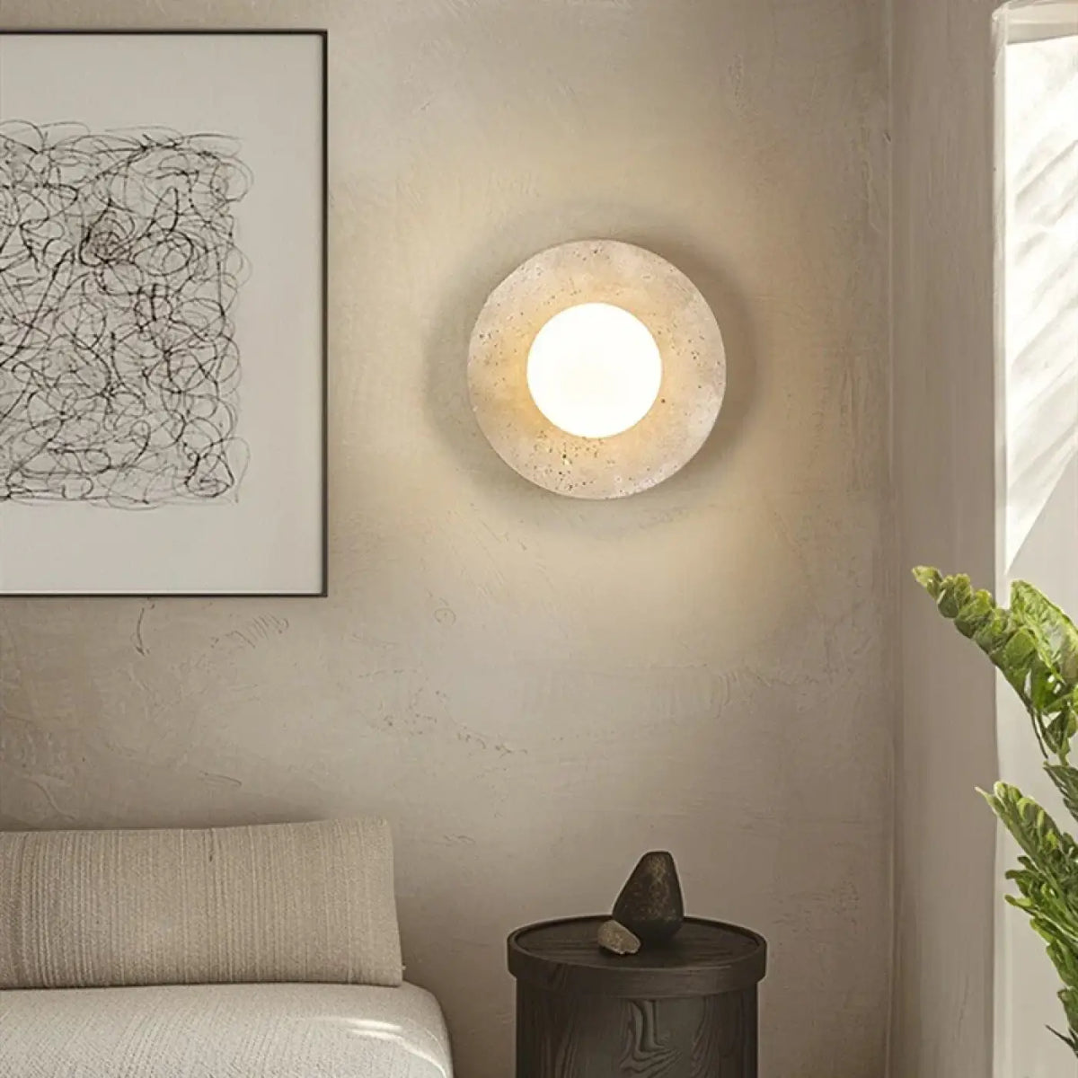 Applique murale ronde en pierre et sphère blanche LED