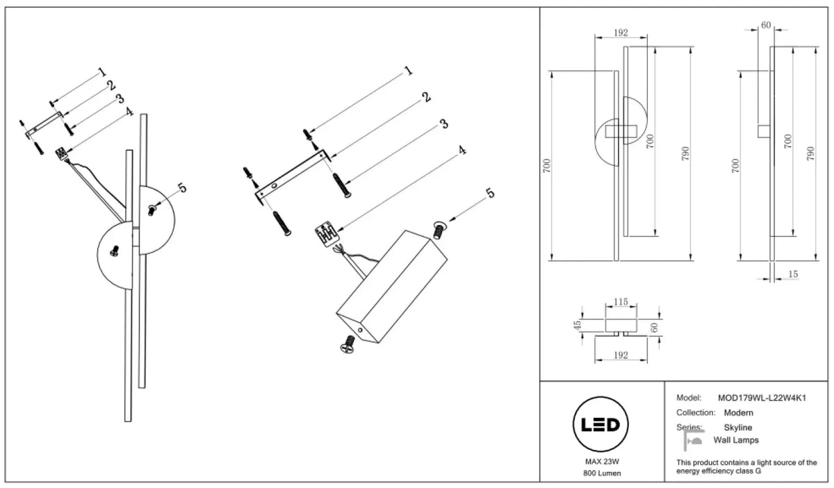 Applique murale LED en tige verticale de 79 cm, gauche ou droite