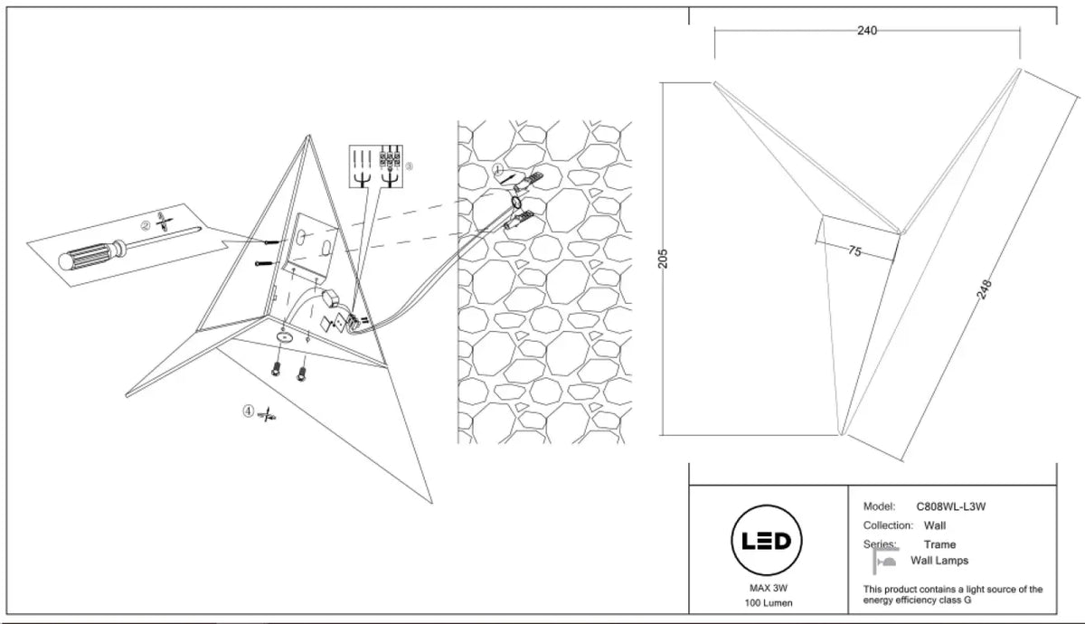Applique murale LED en acier plié façon origami, noir ou blanc