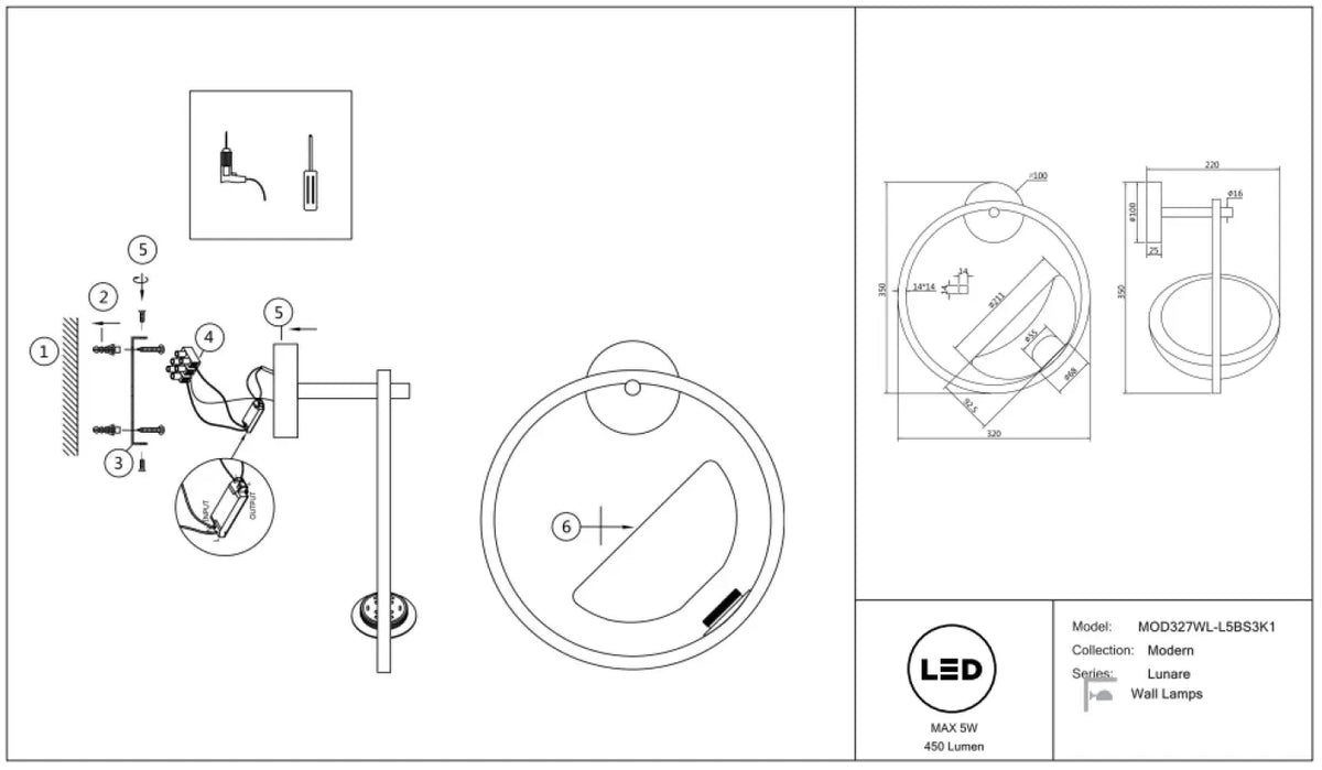 Applique murale LED disque doré déporté du mur, 32 cm