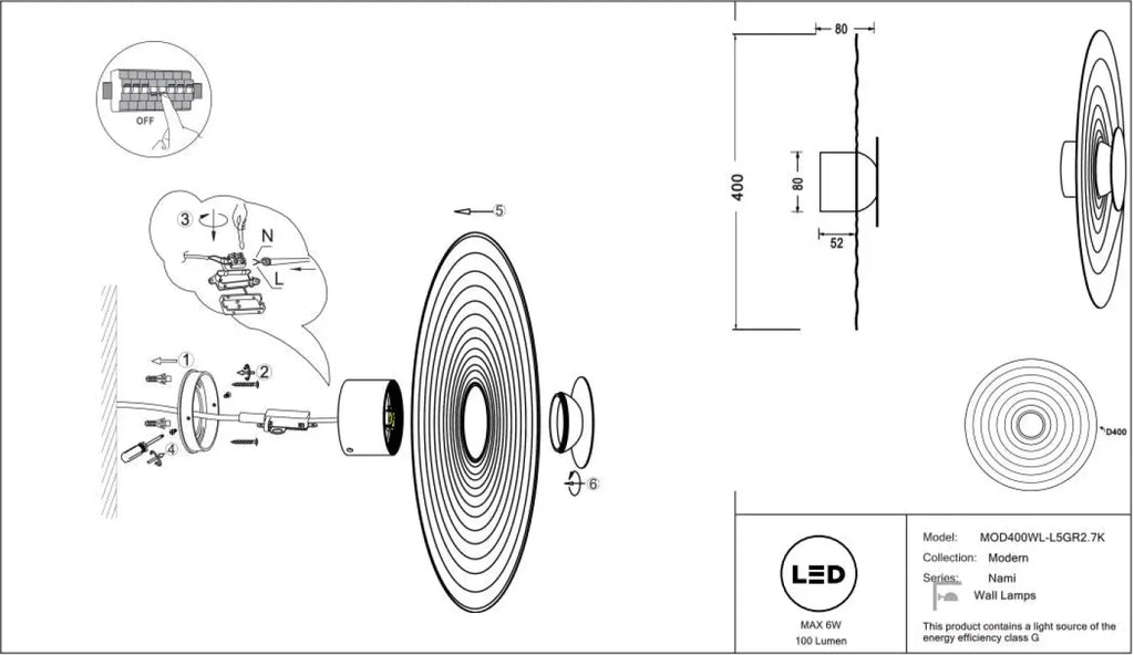 Applique murale LED disque ondulé en aluminium mat, 40 cm