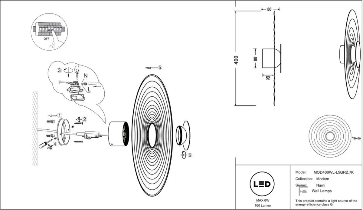 Applique murale LED disque ondulé en aluminium mat, 40 cm