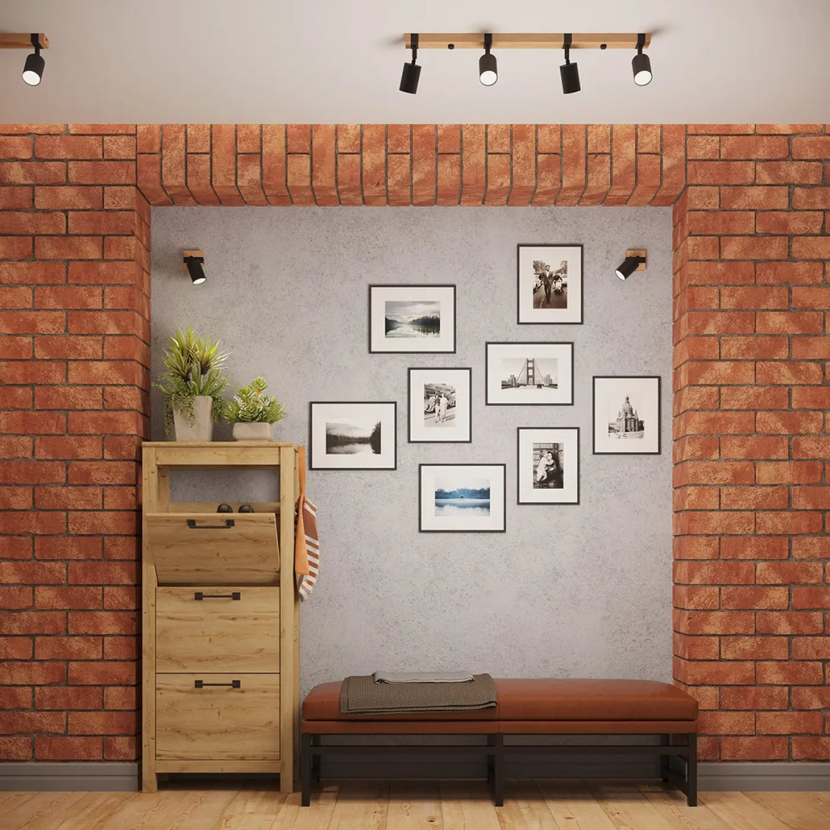 Applique murale spot orientable noir sur platine en bois naturel