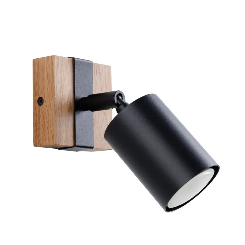 Applique murale spot orientable noir sur platine en bois naturel