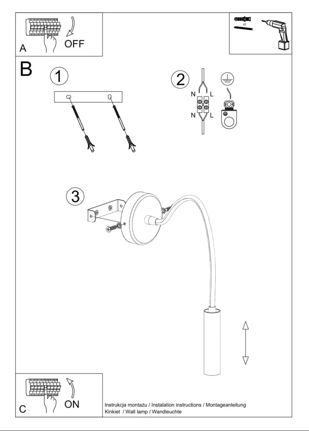 Liseuse murale noire à bras flexible chromé, 52 cm, ampoule G9