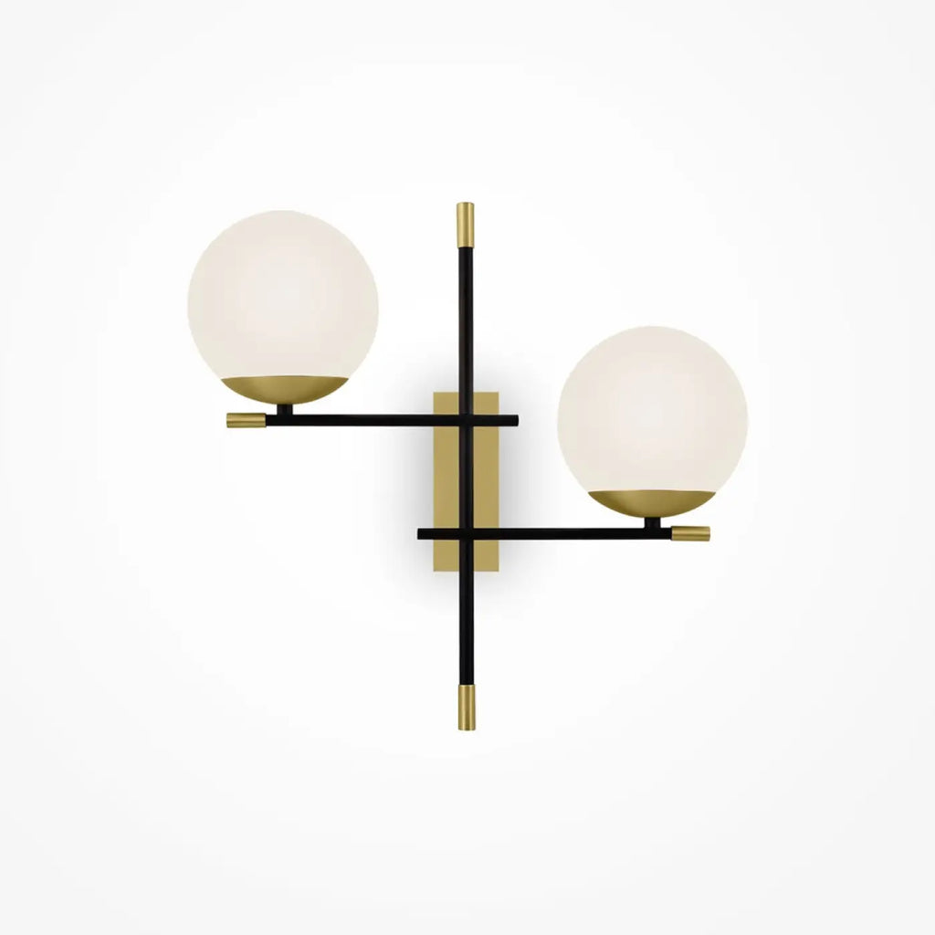 Applique murale rétro à deux globes opalins, acier noir et doré