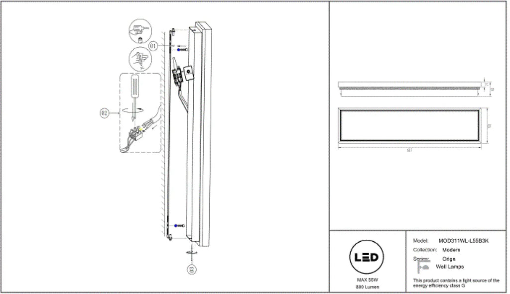 Applique murale LED barre noire effet pierre, 60 ou 80 cm