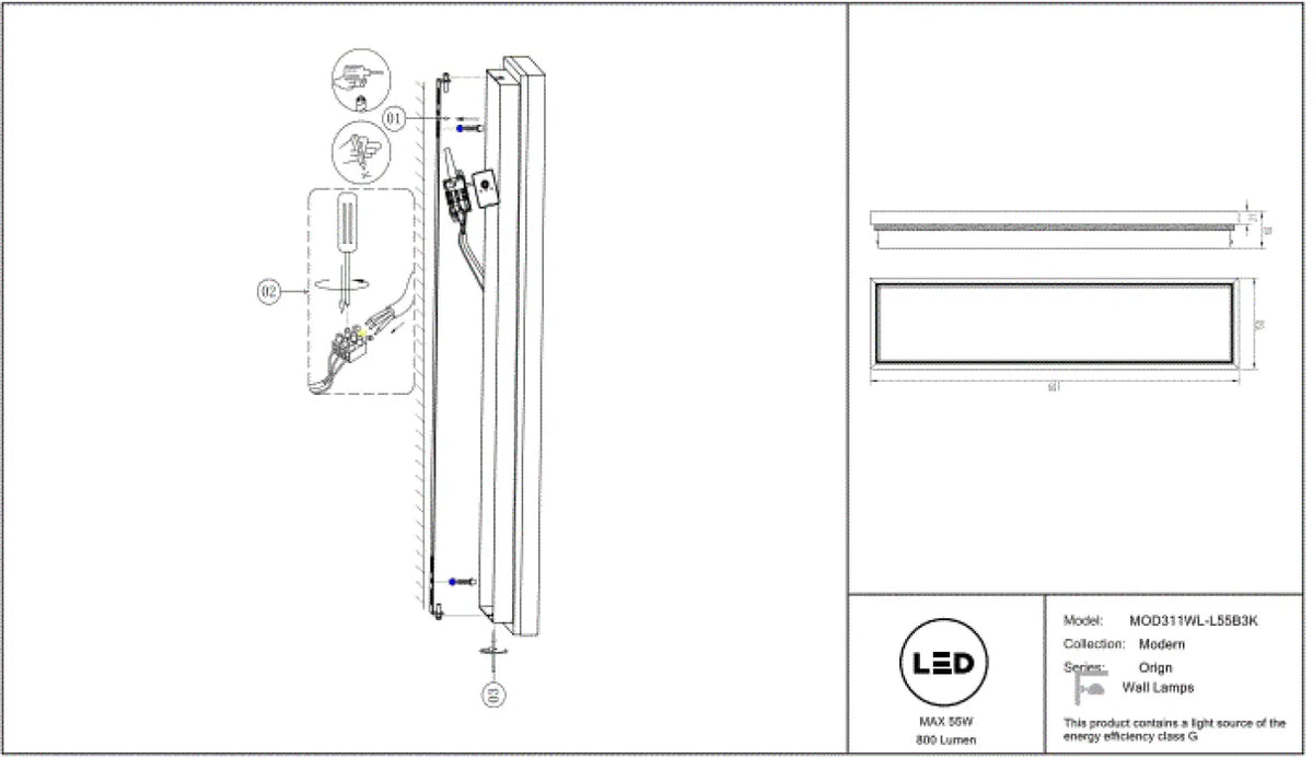 Applique murale LED barre noire effet pierre, 60 ou 80 cm