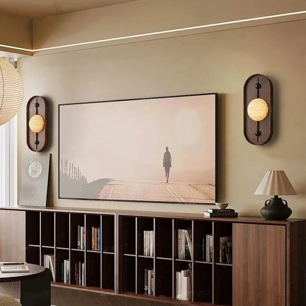 Applique murale ovale en bois avec globe blanc