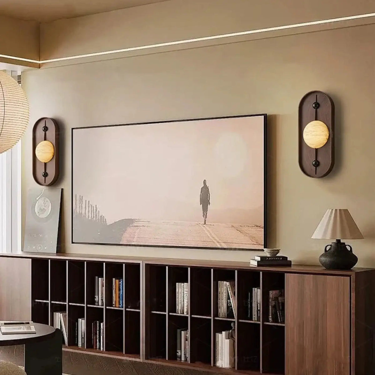Applique murale ovale en bois avec globe blanc