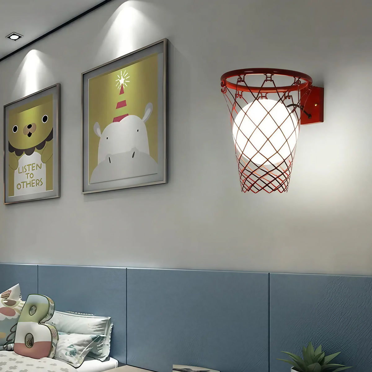 Applique murale panier de basket avec ballon lumineux LED, rouge