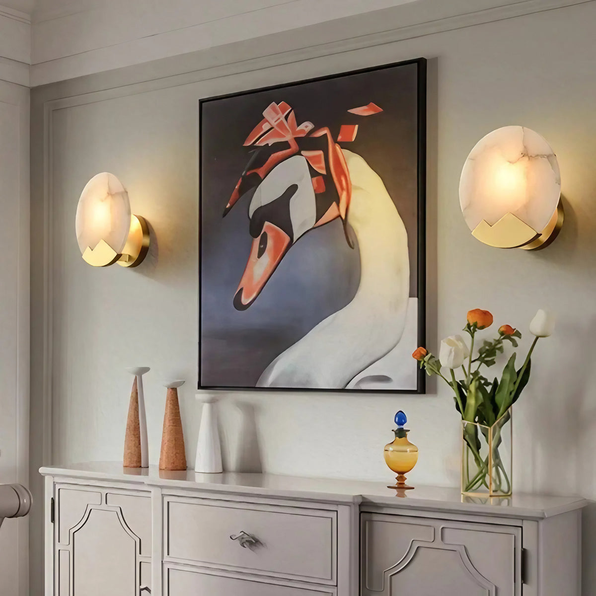 Applique murale ronde effet marbre, support doré, avec ou sans barre