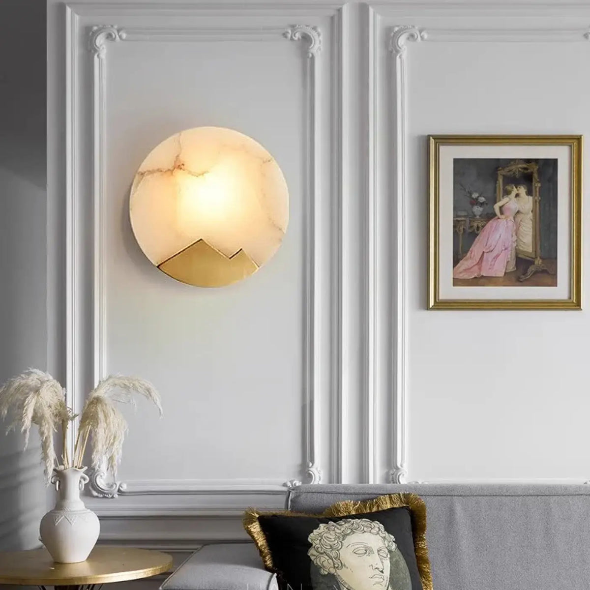 Applique murale ronde effet marbre, support doré, avec ou sans barre