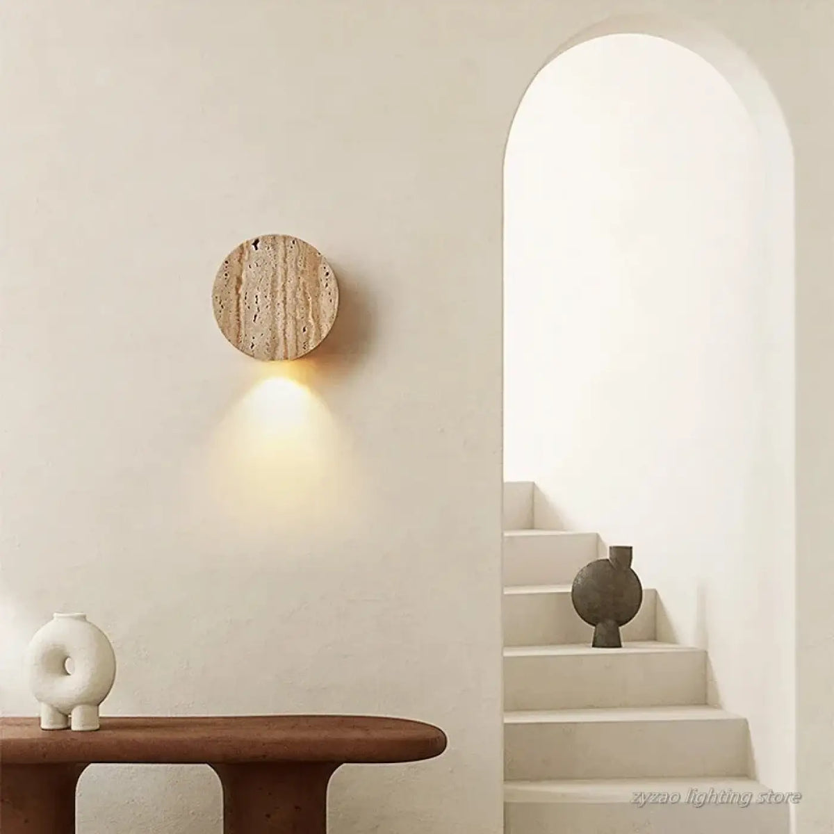 Applique murale LED ronde, effet pierre volcanique beige