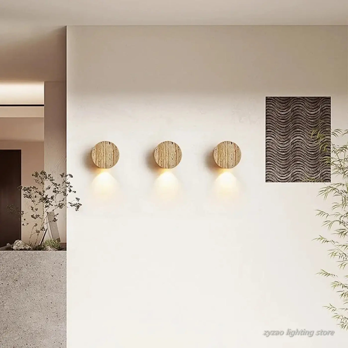Applique murale LED ronde, effet pierre volcanique beige