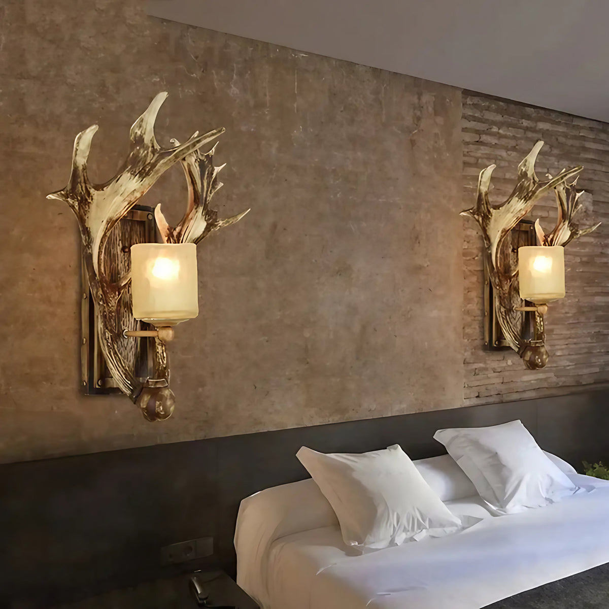 Applique murale rustique bois de cerf et verre givré, 2 modèles