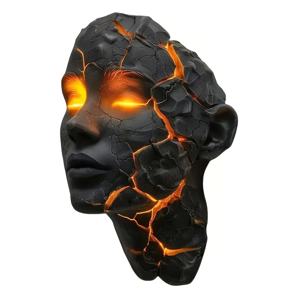 Applique murale sculpture de visage fissuré, teinte ambrée