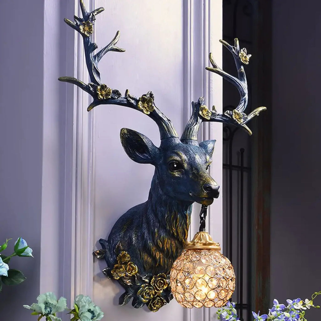 Applique murale tête de cerf au décor floral, blanc ou bleu