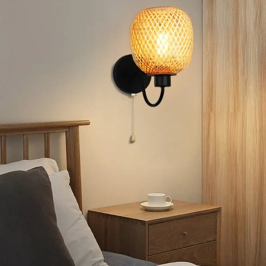 Applique de tête de lit, rotin tressé et aluminium noir