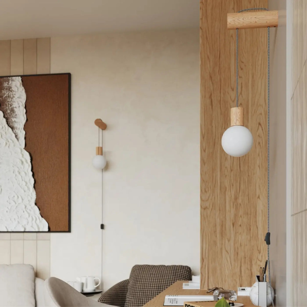 Applique murale tige en bois, câble tressé et interrupteur