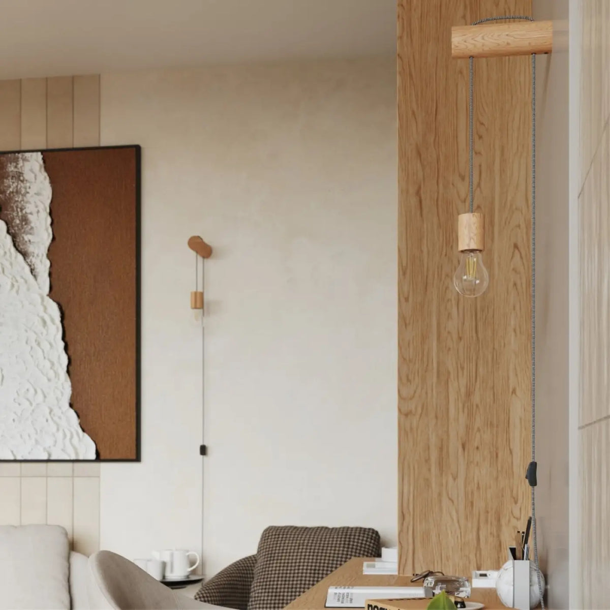 Applique murale tige en bois, câble tressé et interrupteur