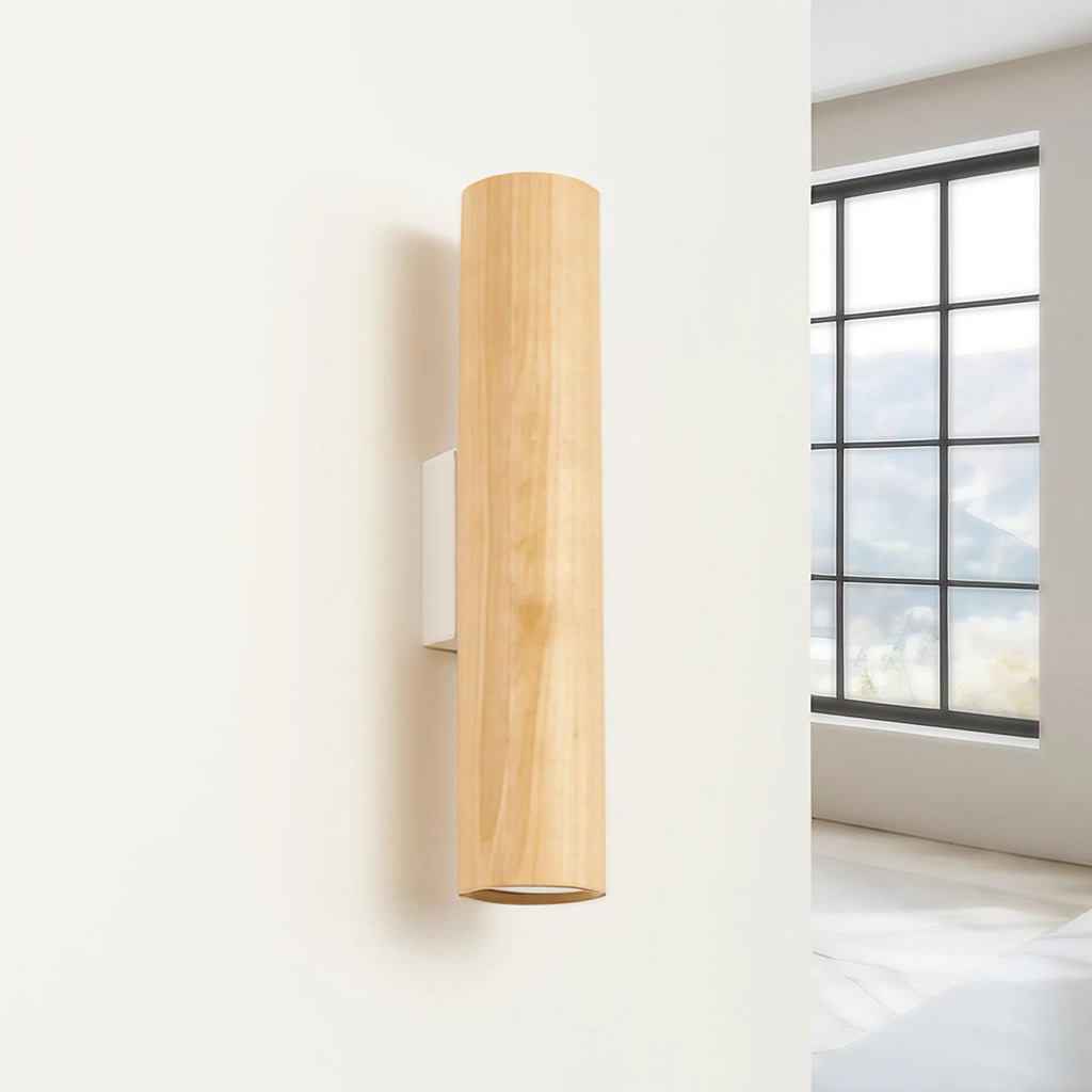 Applique murale tube en bois naturel, lumière haut et bas