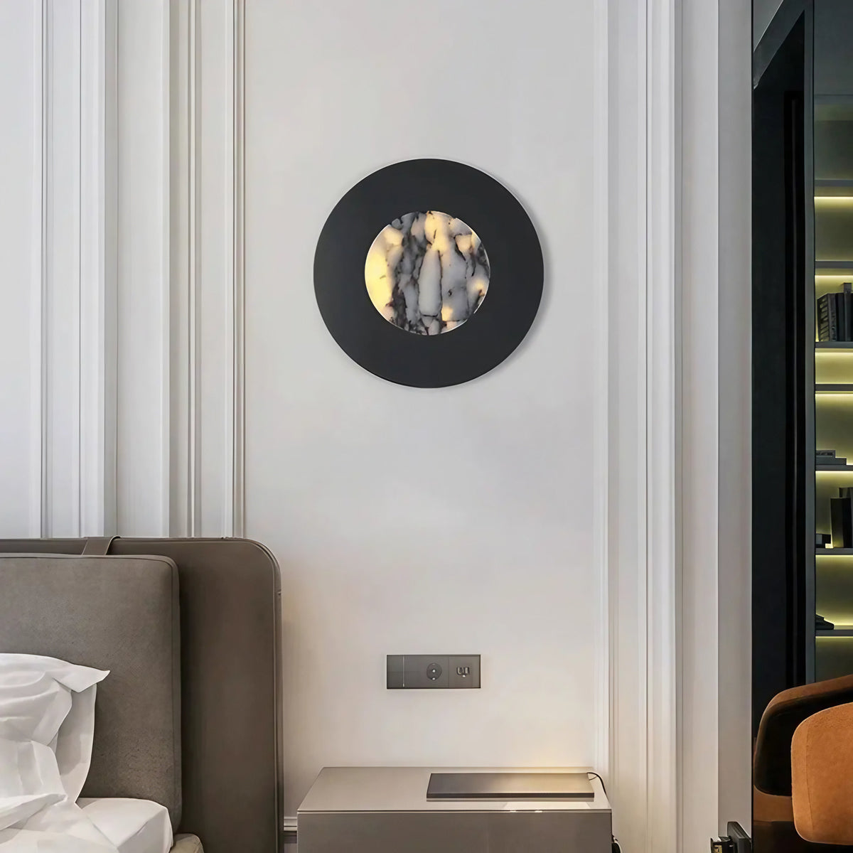 Applique murale ronde noire, diffuseur effet marbre LED