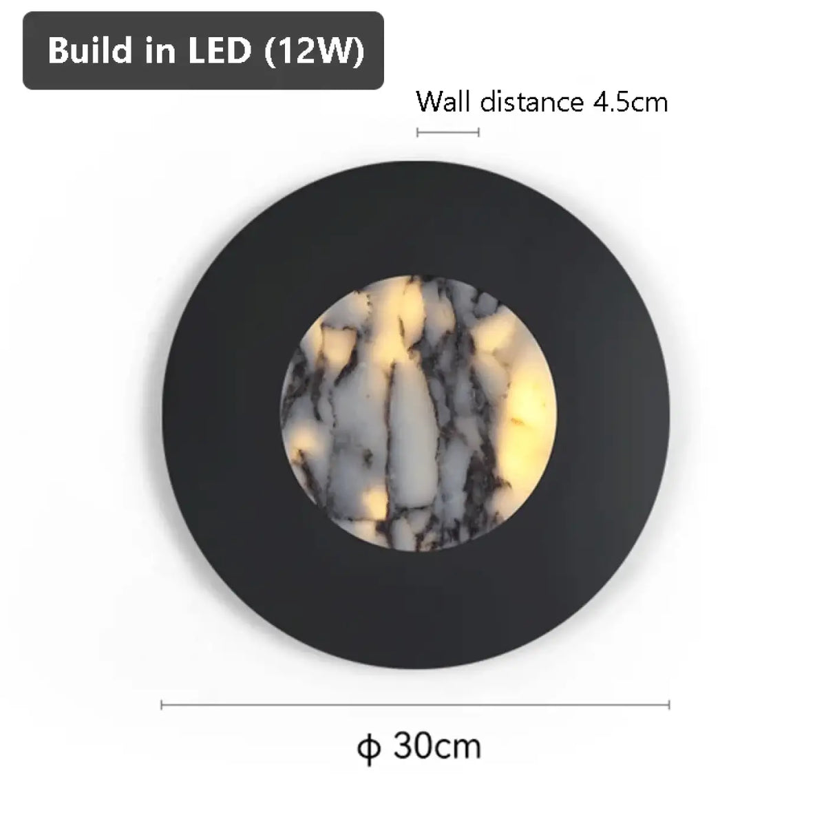 Applique murale ronde noire, diffuseur effet marbre LED
