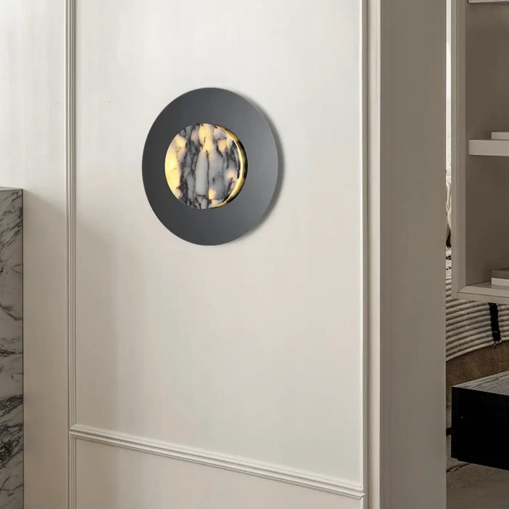 Applique murale ronde noire, diffuseur effet marbre LED