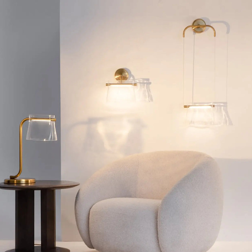 Applique suspendue LED, fixation finition laiton et verre clair