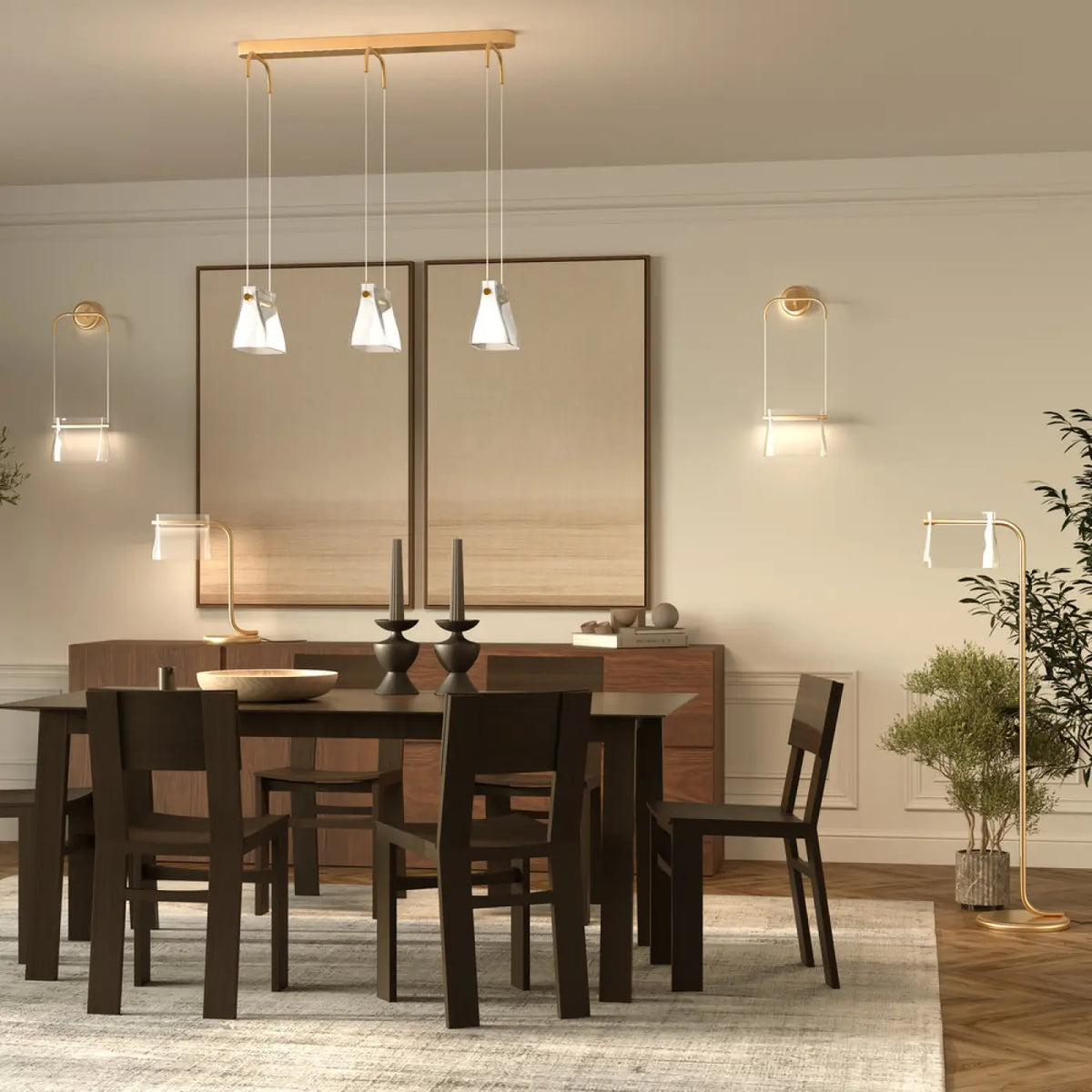 Applique suspendue LED, fixation finition laiton et verre clair