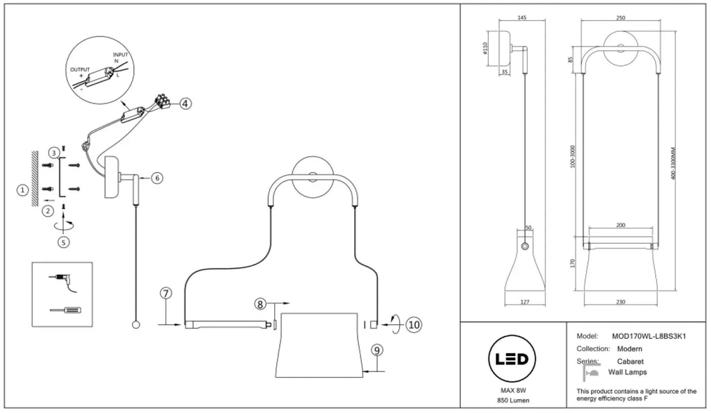 Applique suspendue LED, fixation finition laiton et verre clair