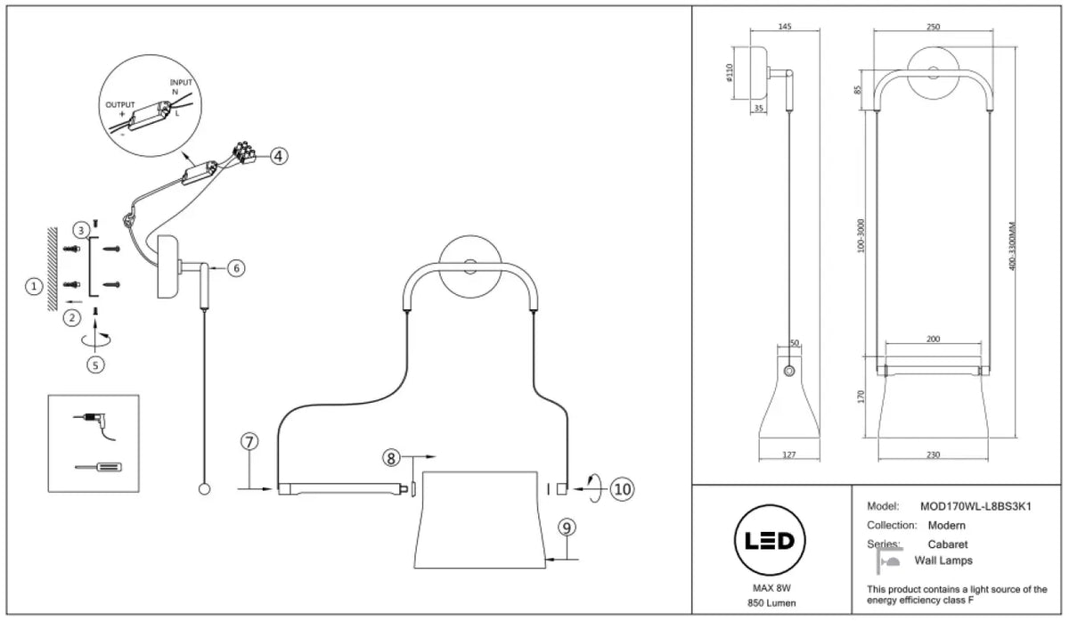 Applique suspendue LED, fixation finition laiton et verre clair