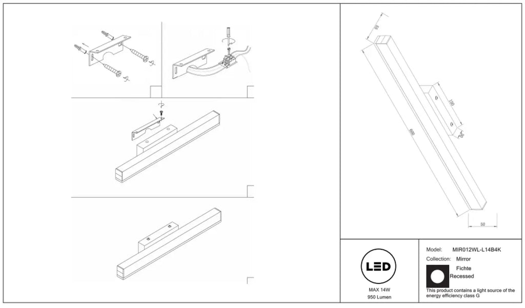 Applique LED pour tableau en aluminium noir, bras déporté, 4000 K