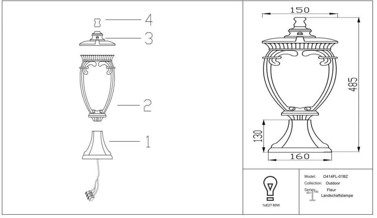 Borne lanterne baroque en acier pour jardin, 48,5 cm