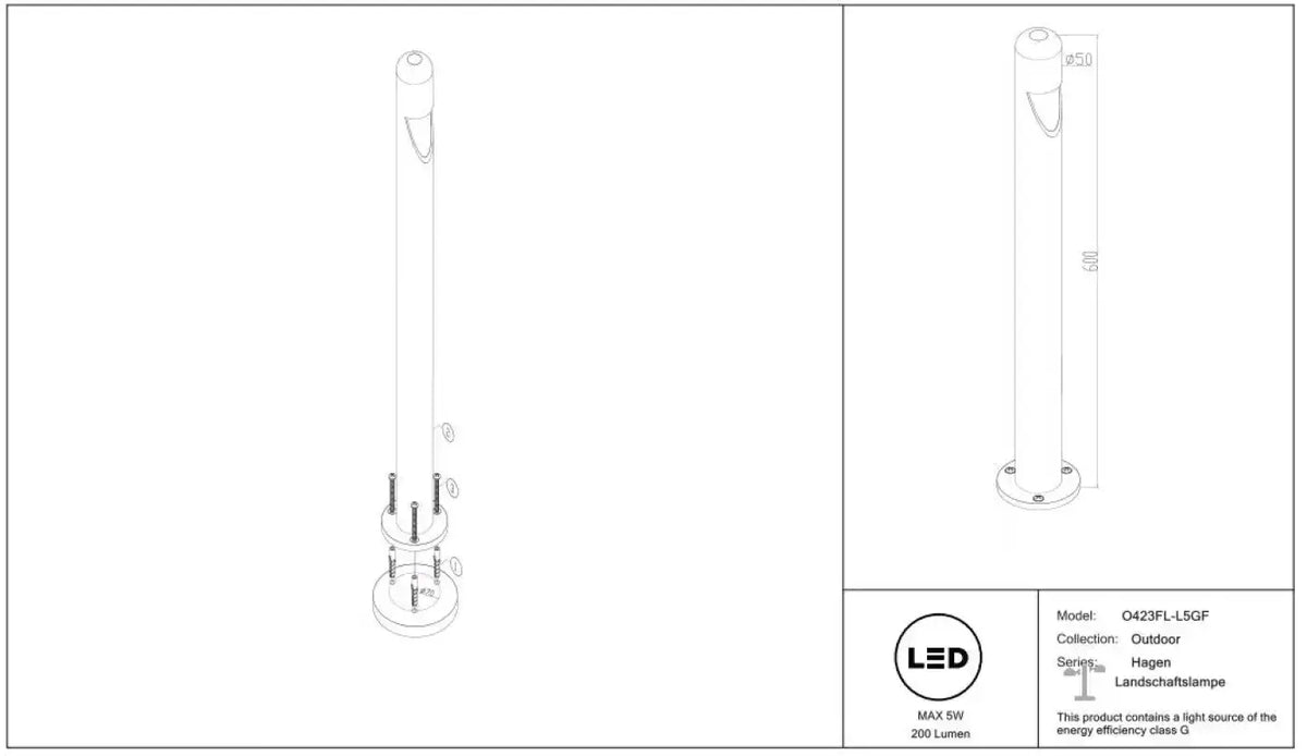 Borne extérieure LED cylindre fin en acier noir, 60 cm, IP65