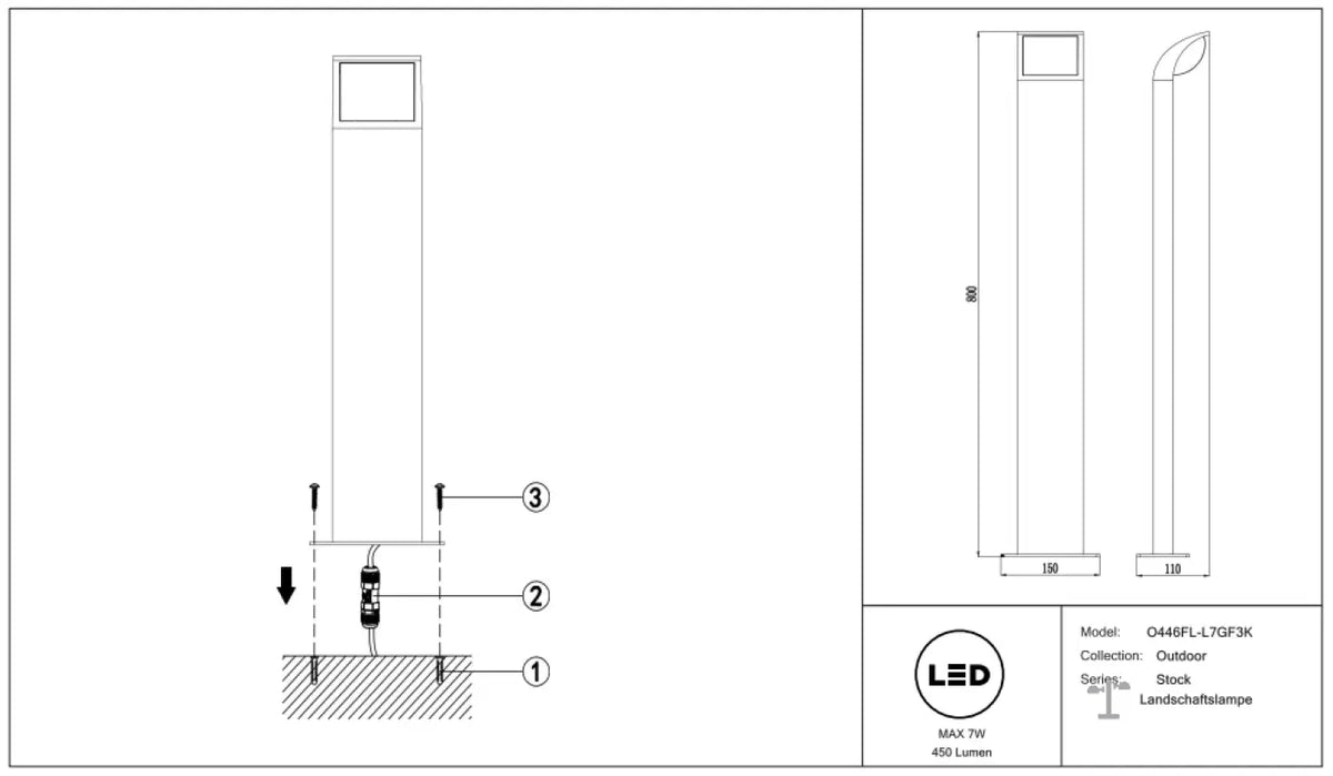 Borne de jardin LED colonne noire de 80 cm, IP65
