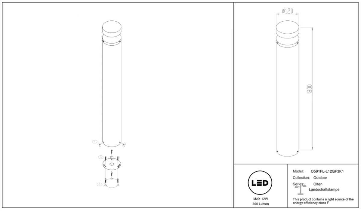 Borne extérieure LED en acier noir, 30 ou 80 cm, IP65