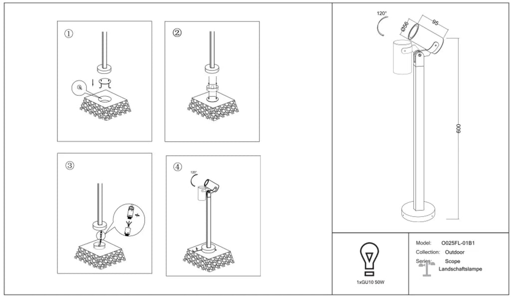 Borne extérieure en acier noir à projecteur orientable, GU10