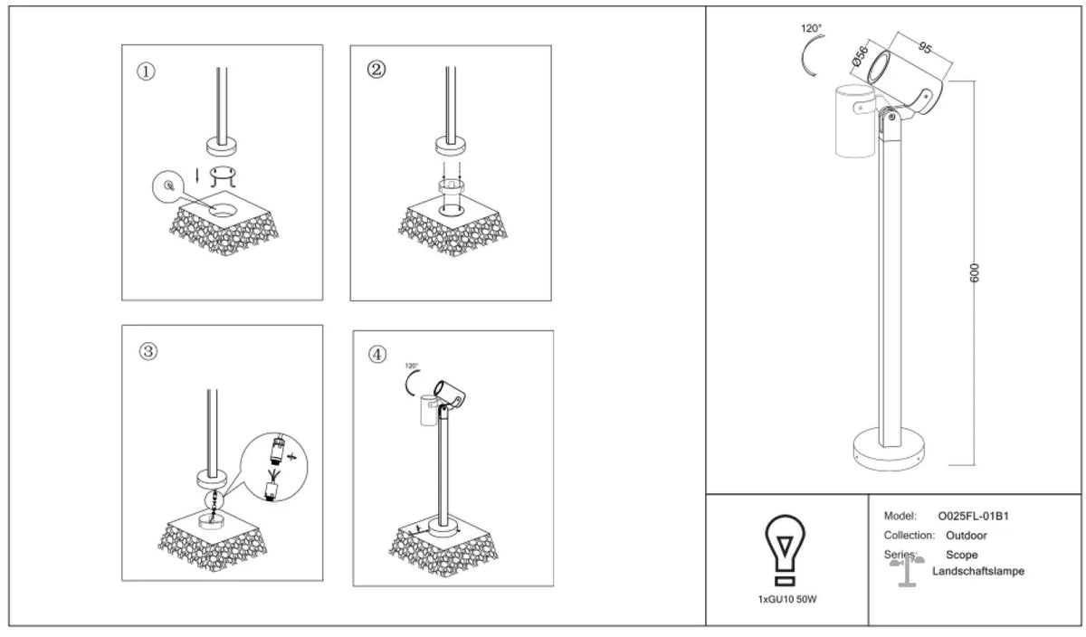 Borne extérieure en acier noir à projecteur orientable, GU10