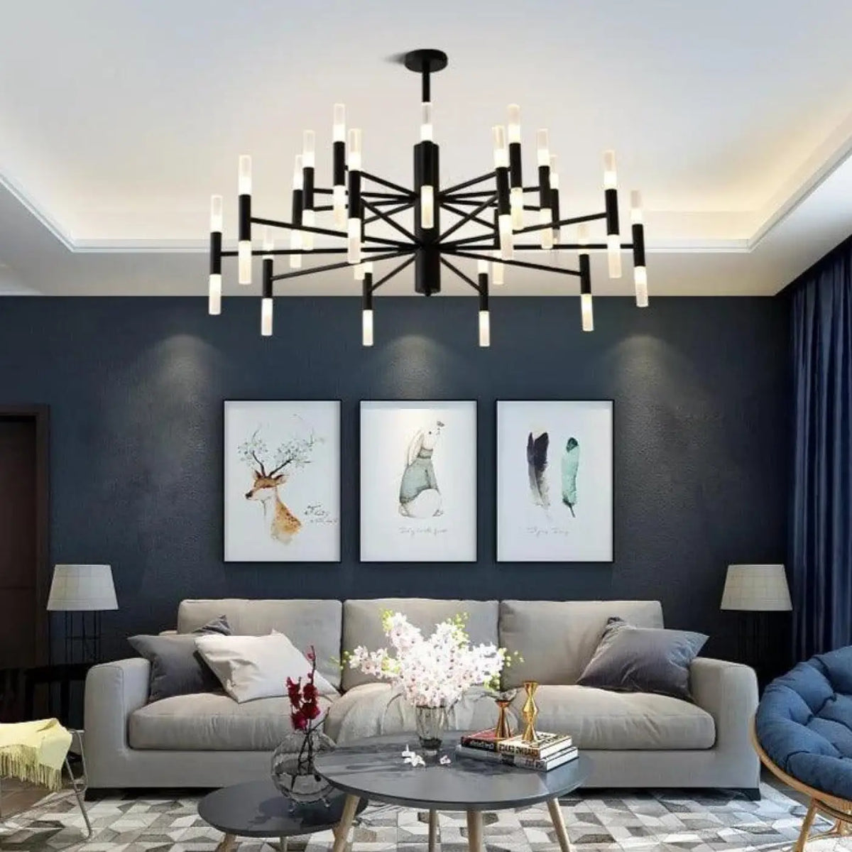 Grand plafonnier LED pour salon, noir ou doré, noir