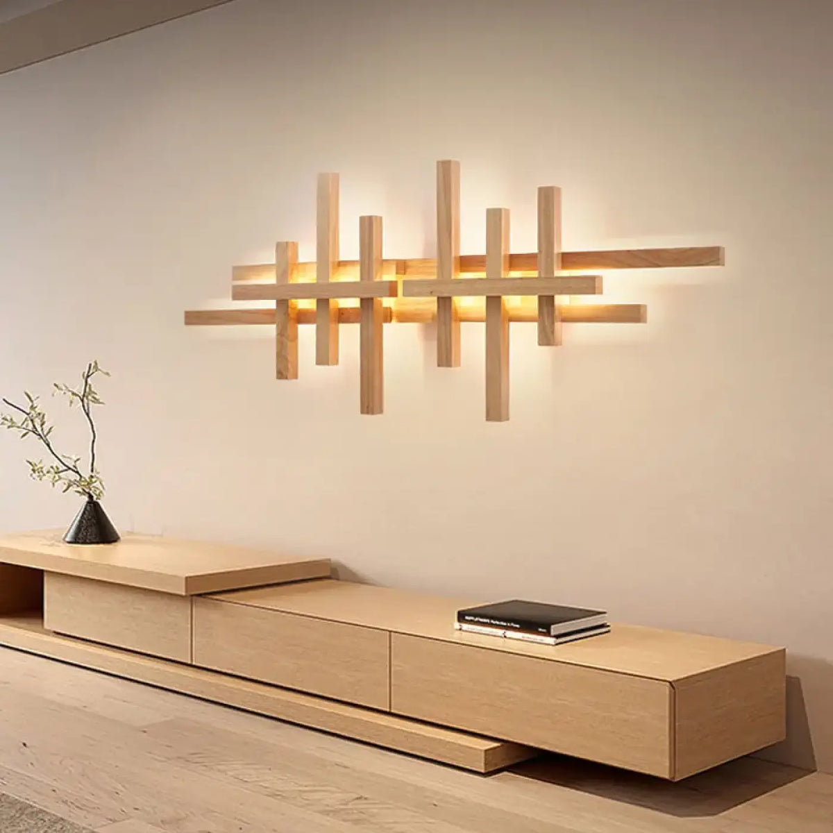 Grande applique murale bois naturel à motif croisé, beige ou marron, beige